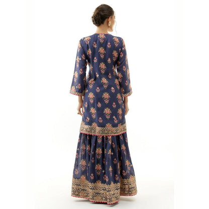 Gopi Vaid Sadhna Navy Blue Floral Kurta with Sharara and Dupatta