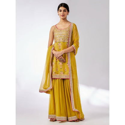 Gopi Vaid Chhaya Mustard Floral Kurta with Sharara and Dupatta