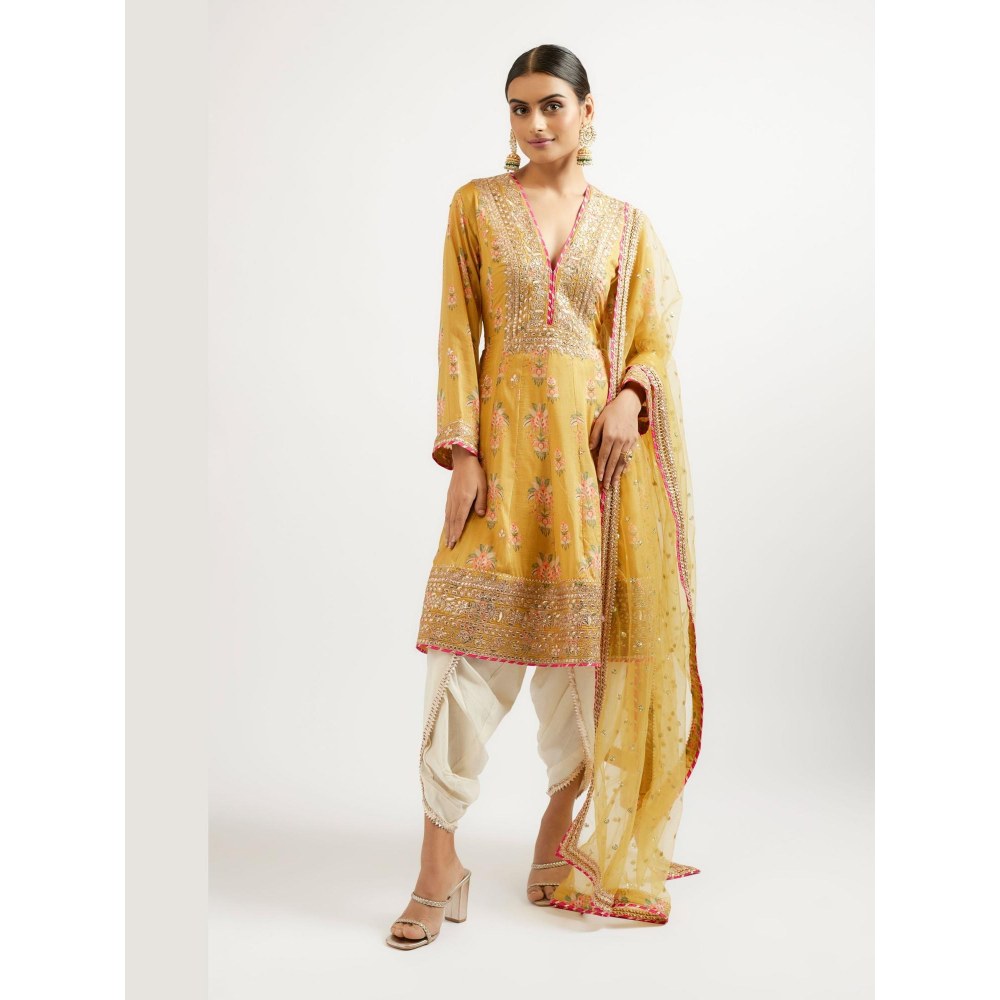 Gopi Vaid Ekta Mustard Floral Kurta with Dhoti Pant and Dupatta