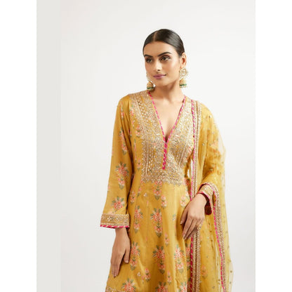 Gopi Vaid Ekta Mustard Floral Kurta with Dhoti Pant and Dupatta