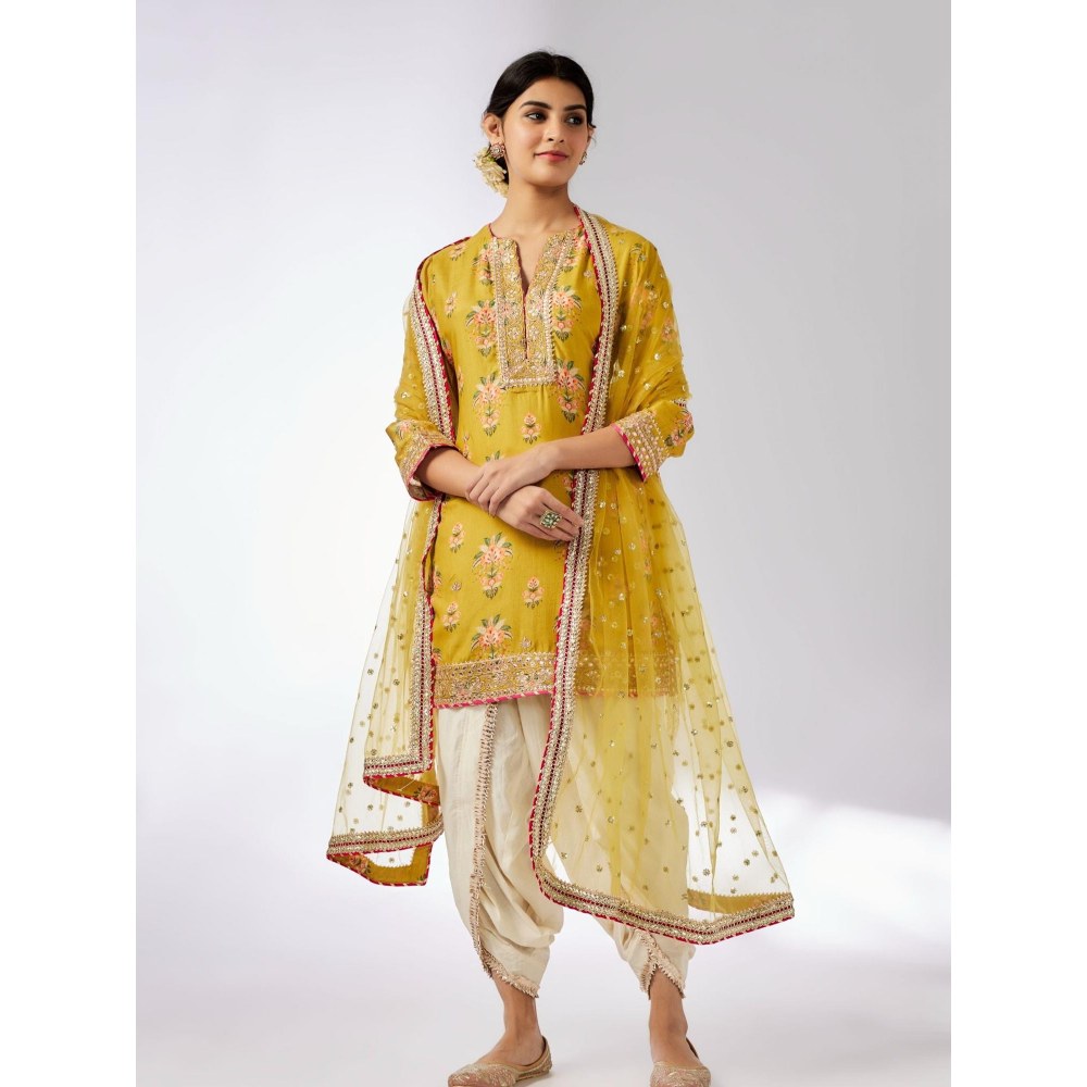 Gopi Vaid Moulika Mustard Floral Kurta with Dhoti Pant and Dupatta