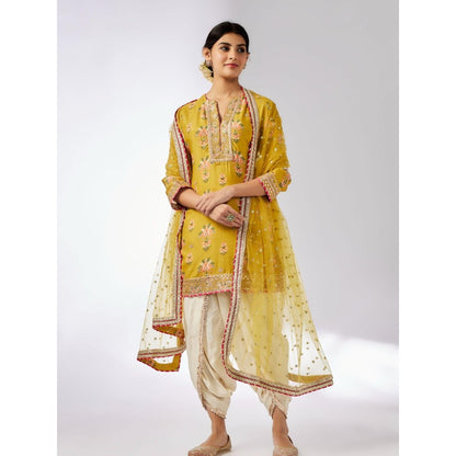 Gopi Vaid Moulika Mustard Floral Kurta with Dhoti Pant and Dupatta