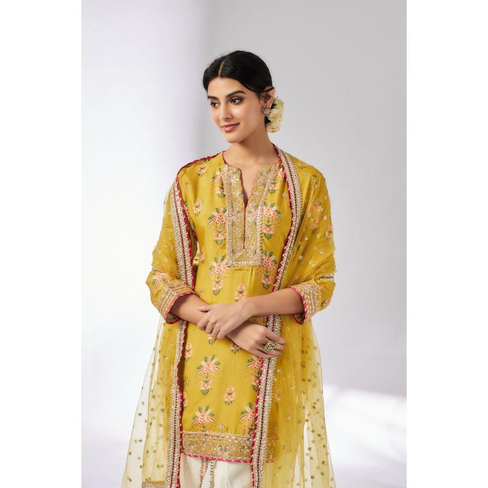 Gopi Vaid Moulika Mustard Floral Kurta with Dhoti Pant and Dupatta