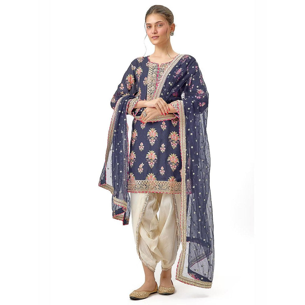 Gopi Vaid Moulika Navy Blue Floral Kurta with Dhoti Pant and Dupatta