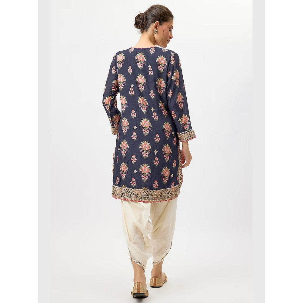 Gopi Vaid Moulika Navy Blue Floral Kurta with Dhoti Pant and Dupatta