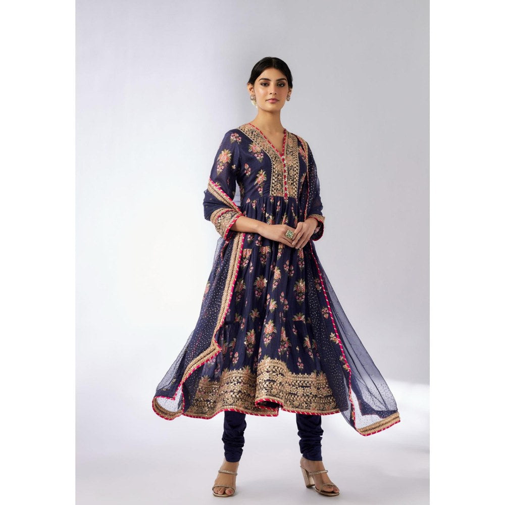 Gopi Vaid Joshna Navy Blue Floral Anarkali Kurta with Churidar and Dupatta