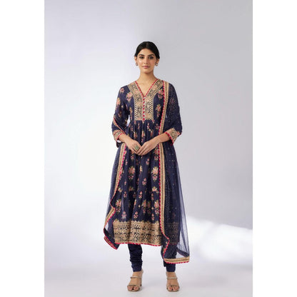 Gopi Vaid Joshna Navy Blue Floral Anarkali Kurta with Churidar and Dupatta