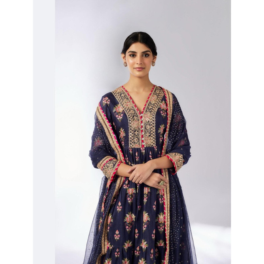 Gopi Vaid Joshna Navy Blue Floral Anarkali Kurta with Churidar and Dupatta
