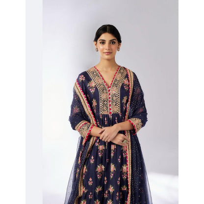 Gopi Vaid Joshna Navy Blue Floral Anarkali Kurta with Churidar and Dupatta