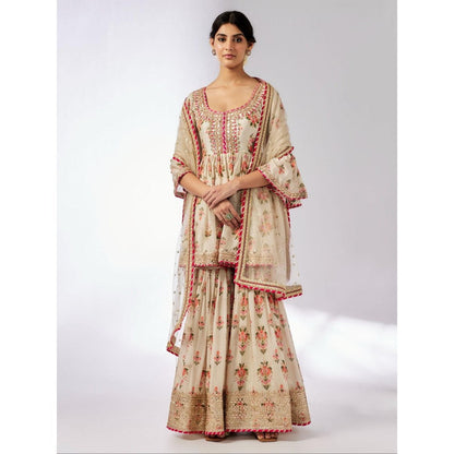 Gopi Vaid Prachi Ivory Floral Kurta with Sharara and Dupatta