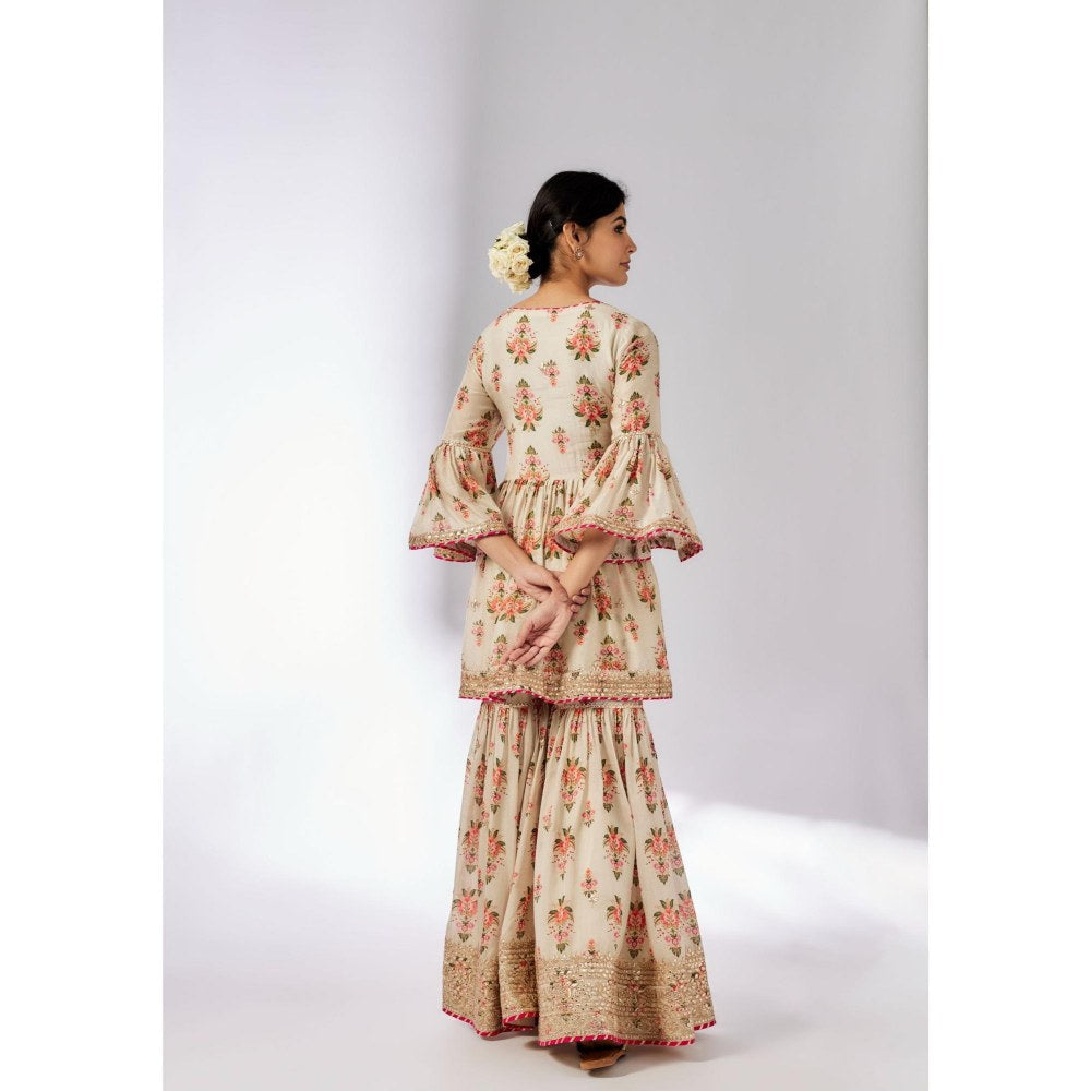 Gopi Vaid Prachi Ivory Floral Kurta with Sharara and Dupatta