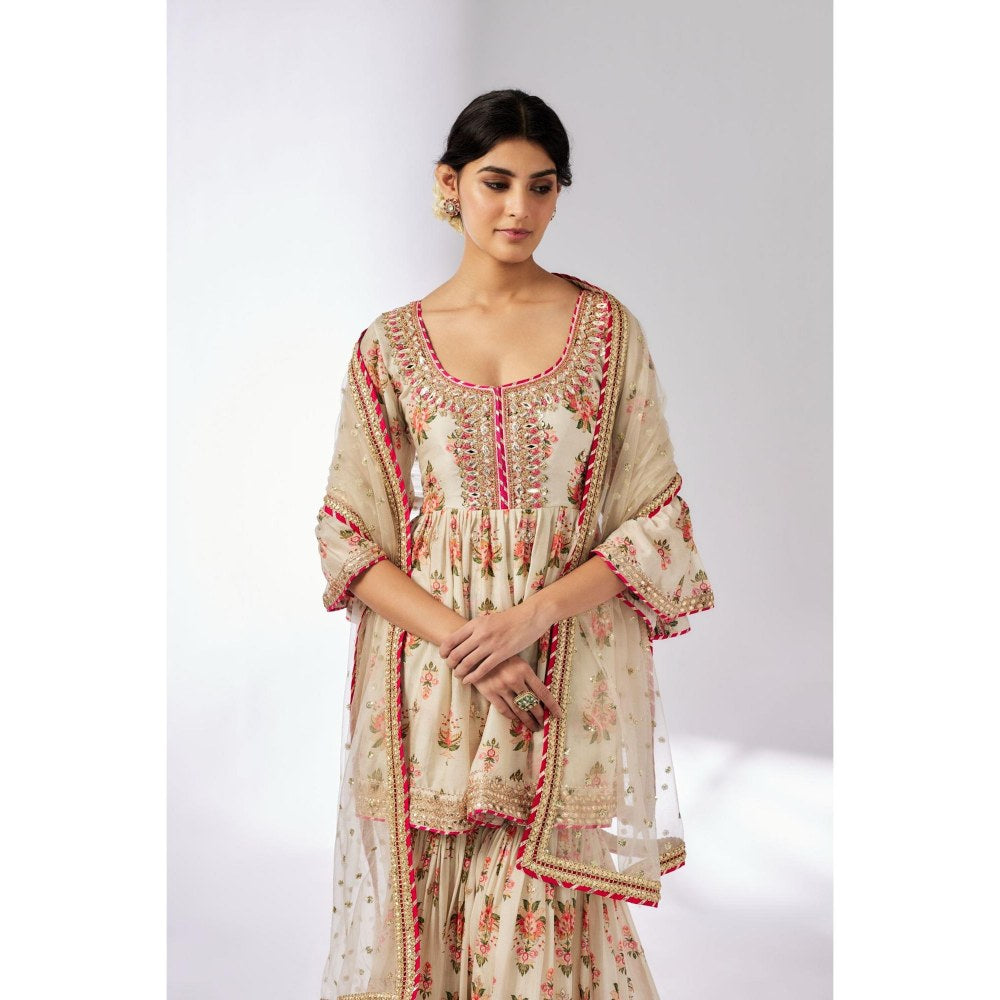 Gopi Vaid Prachi Ivory Floral Kurta with Sharara and Dupatta