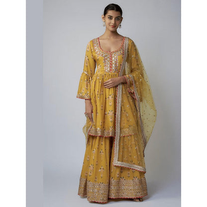 Gopi Vaid Prachi Mustard Floral Kurta with Sharara and Dupatta