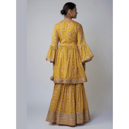 Gopi Vaid Prachi Mustard Floral Kurta with Sharara and Dupatta