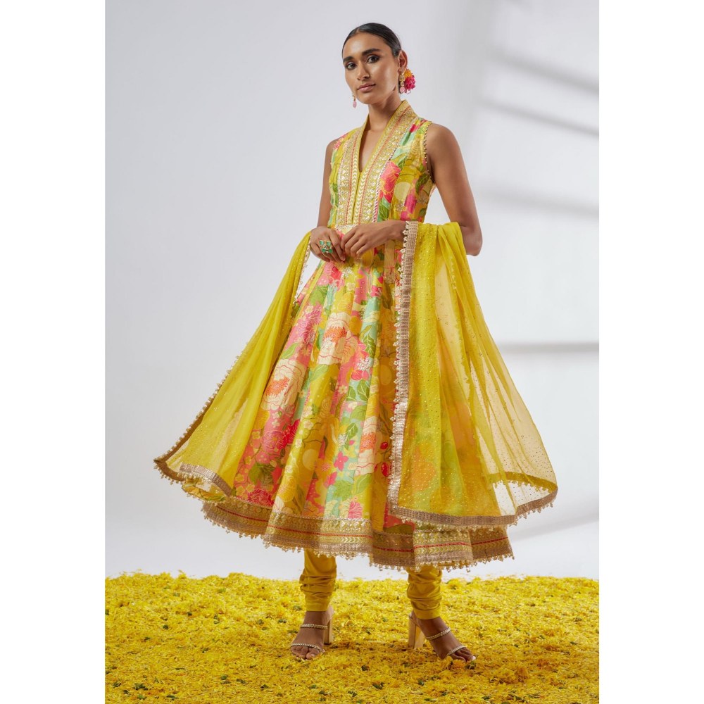 Gopi Vaid Ketki Multi-Colour Floral Anarkali Kurta with Churidar and Dupatta