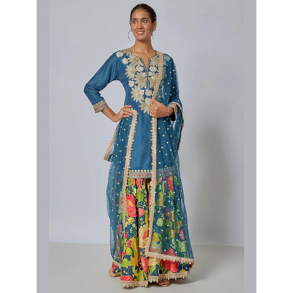 Gopi Vaid Anjali Blue Floral Kurta with Sharara and Dupatta