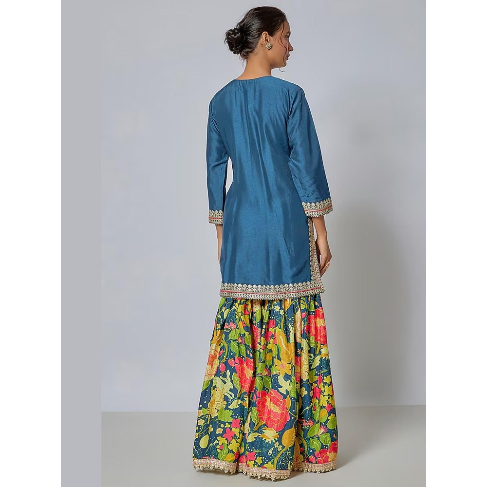 Gopi Vaid Anjali Blue Floral Kurta with Sharara and Dupatta