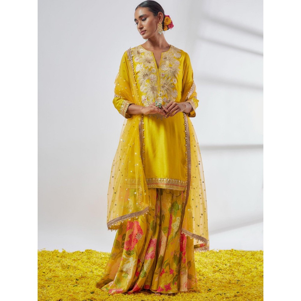 Gopi Vaid Anjali Yellow Floral Kurta with Sharara and Dupatta
