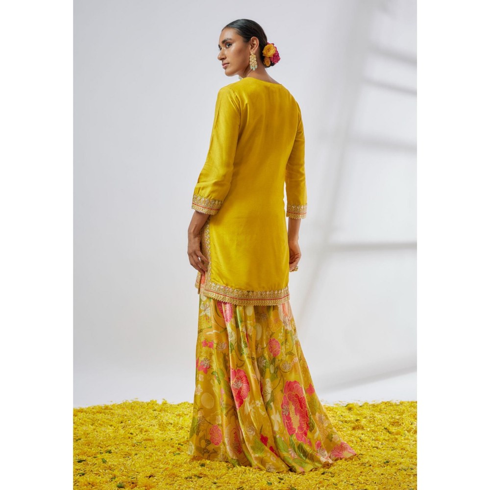 Gopi Vaid Anjali Yellow Floral Kurta with Sharara and Dupatta