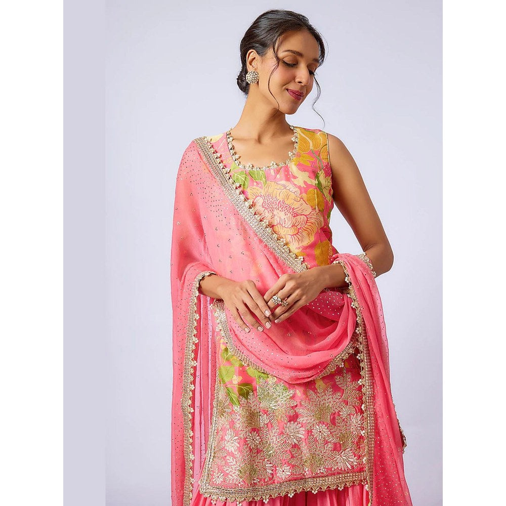Gopi Vaid Kalki Pink Floral Kurta with Sharara and Dupatta