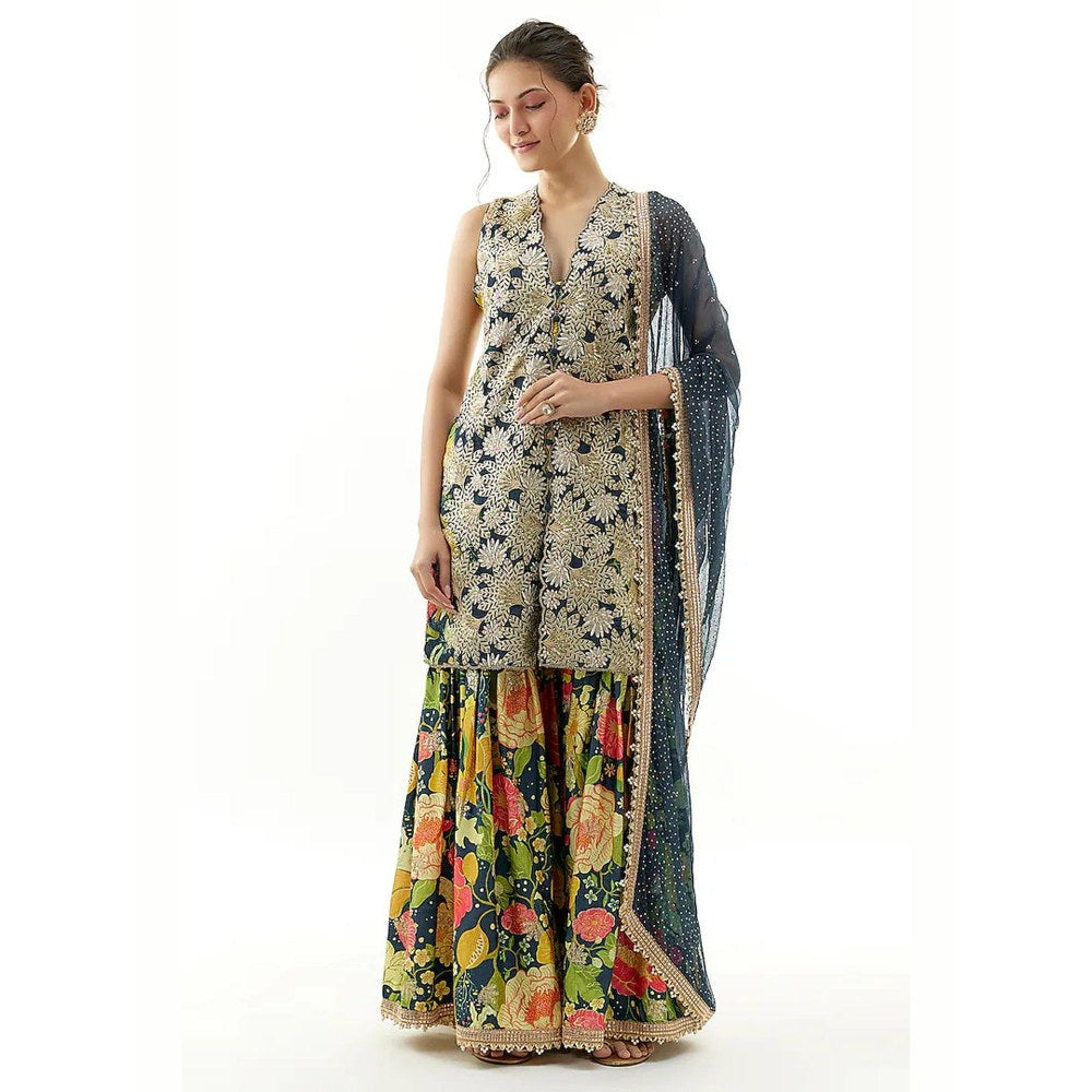 Gopi Vaid Radhika Blue Floral Kurta with Sharara and Dupatta