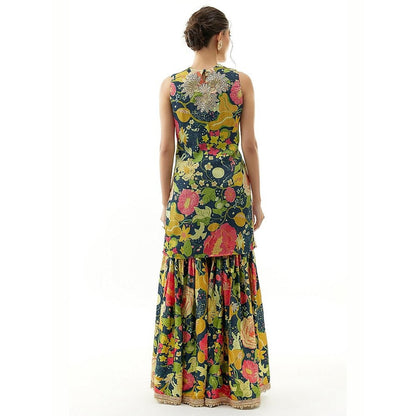Gopi Vaid Radhika Blue Floral Kurta with Sharara and Dupatta
