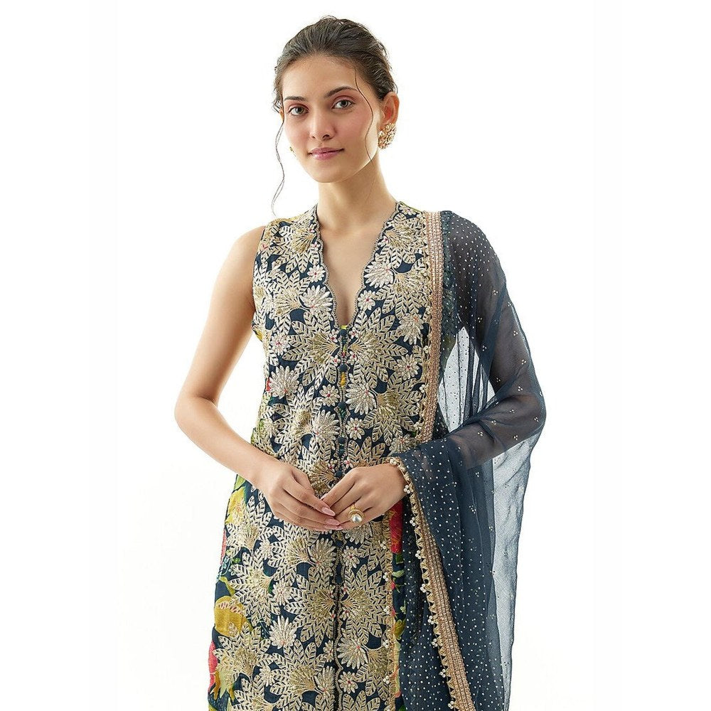 Gopi Vaid Radhika Blue Floral Kurta with Sharara and Dupatta