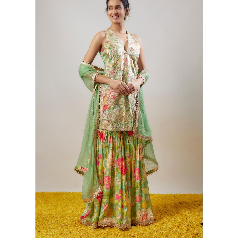 Gopi Vaid Radhika Green Floral Kurta with Sharara and Dupatta