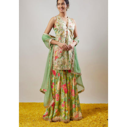 Gopi Vaid Radhika Green Floral Kurta with Sharara and Dupatta