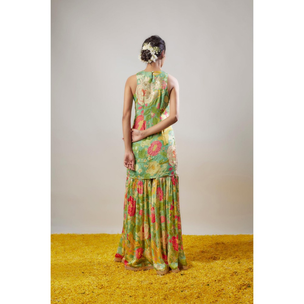 Gopi Vaid Radhika Green Floral Kurta with Sharara and Dupatta