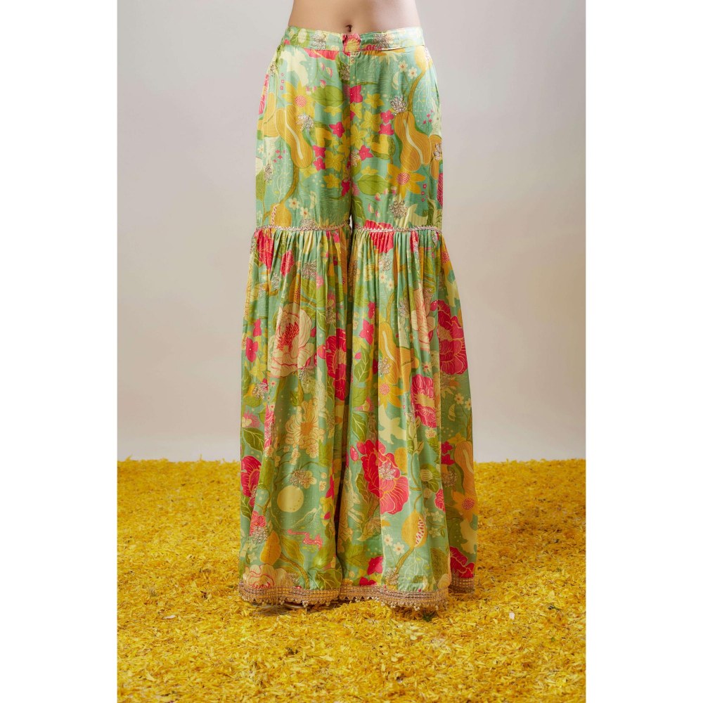 Gopi Vaid Radhika Green Floral Kurta with Sharara and Dupatta