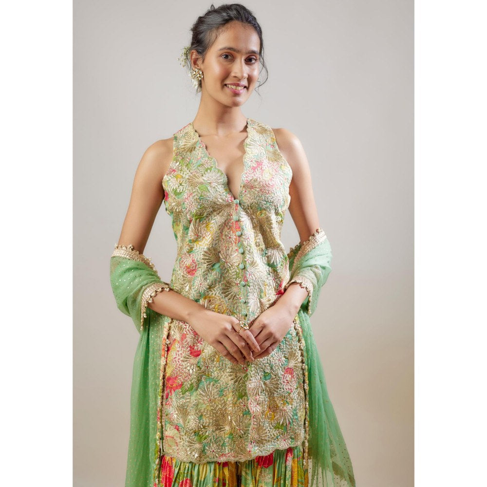 Gopi Vaid Radhika Green Floral Kurta with Sharara and Dupatta