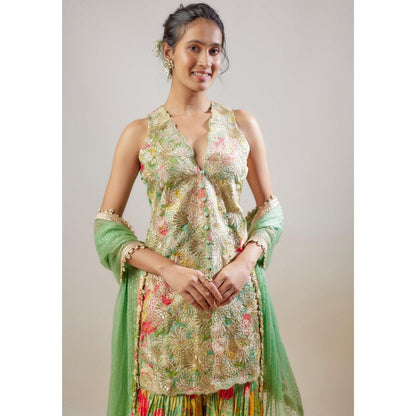 Gopi Vaid Radhika Green Floral Kurta with Sharara and Dupatta
