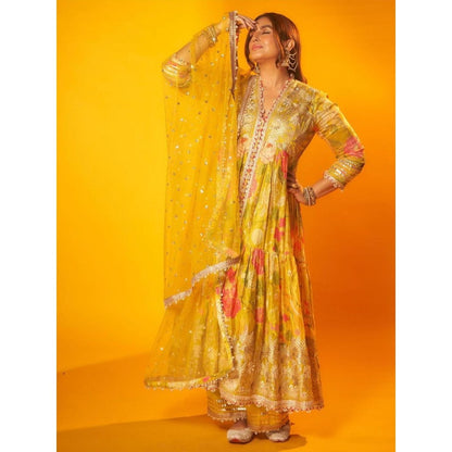 Gopi Vaid Huma Yellow Floral Anarkali Kurta with Palazzo and Dupatta