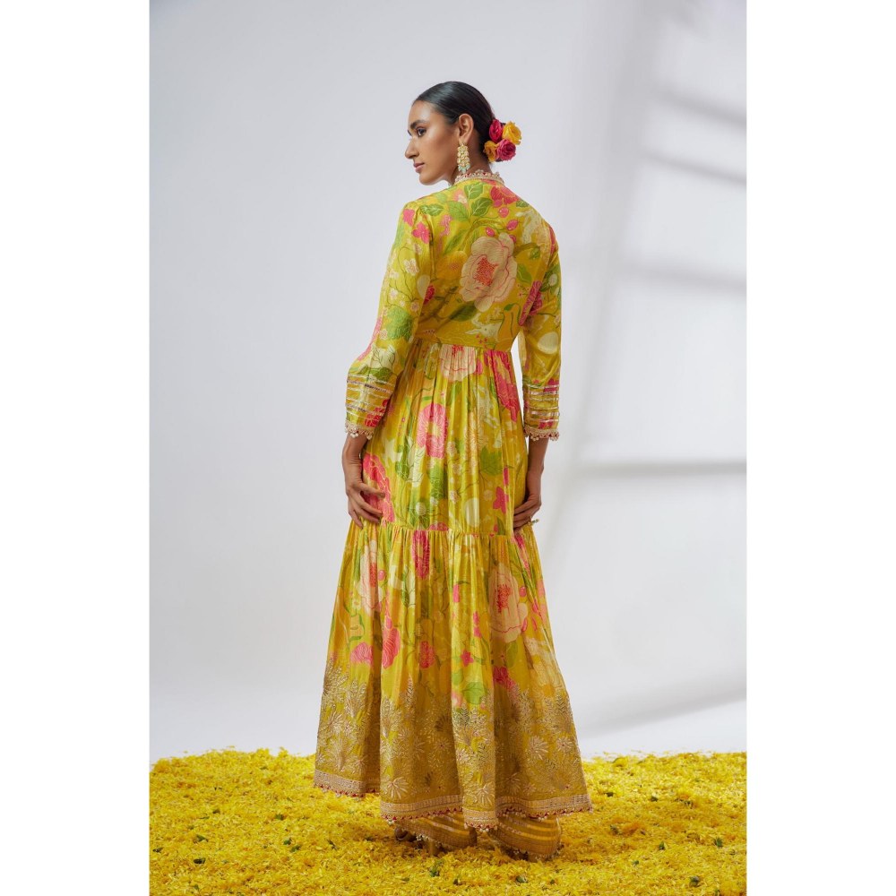 Gopi Vaid Huma Yellow Floral Anarkali Kurta with Palazzo and Dupatta