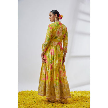 Gopi Vaid Huma Yellow Floral Anarkali Kurta with Palazzo and Dupatta