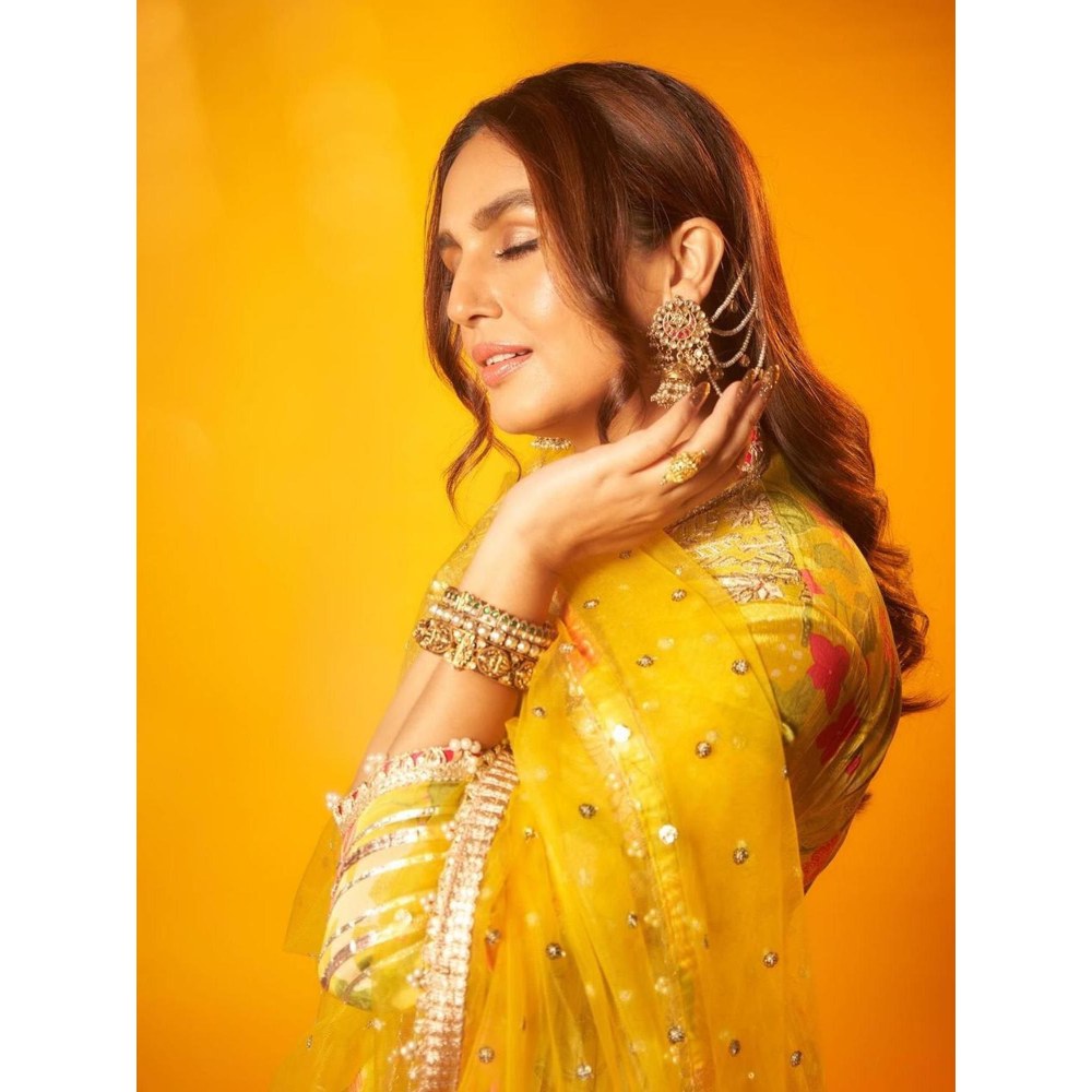 Gopi Vaid Huma Yellow Floral Anarkali Kurta with Palazzo and Dupatta