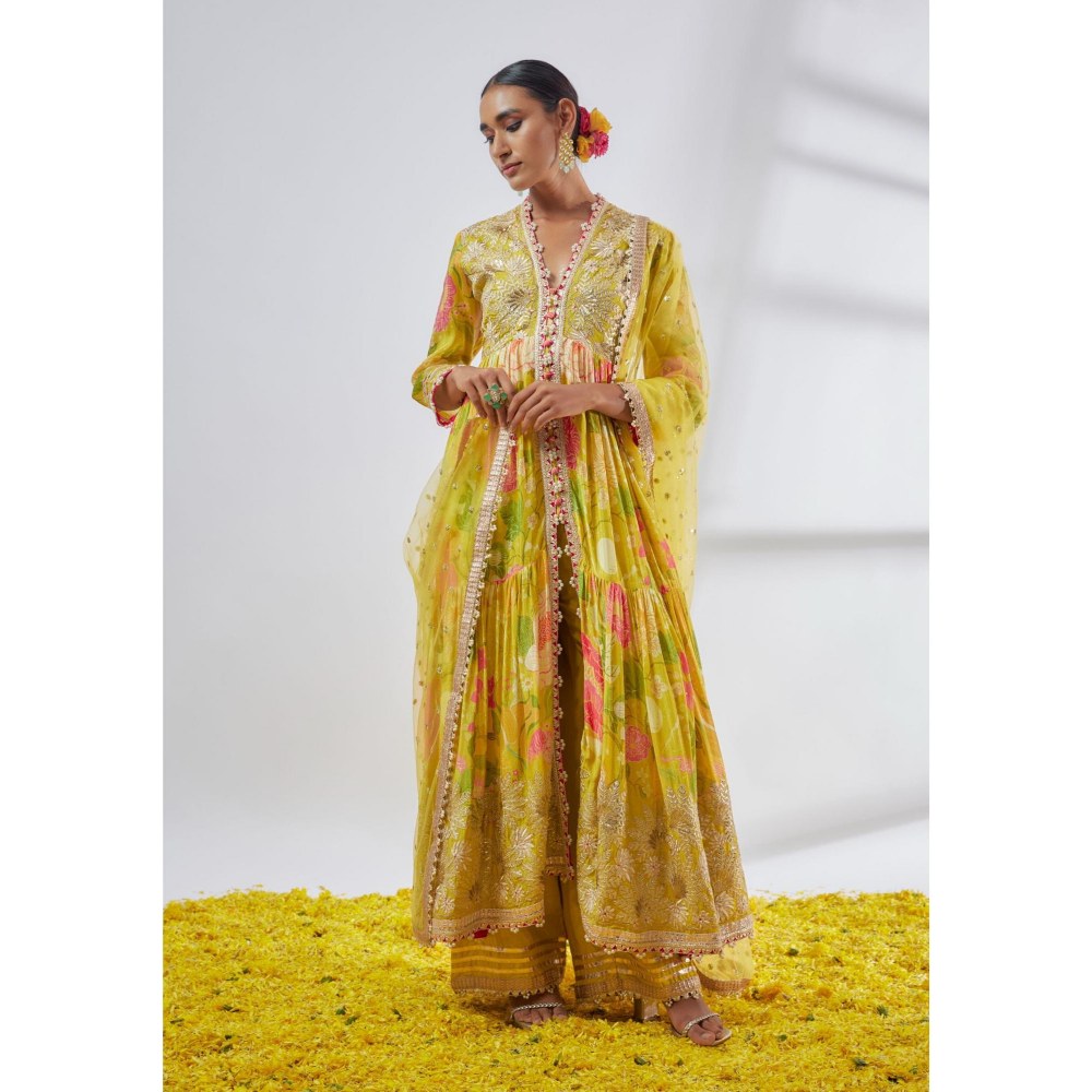 Gopi Vaid Huma Yellow Floral Anarkali Kurta with Palazzo and Dupatta