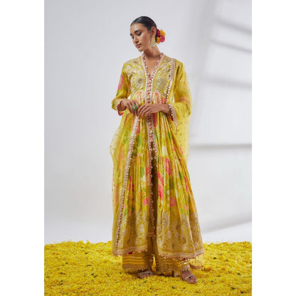 Gopi Vaid Huma Yellow Floral Anarkali Kurta with Palazzo and Dupatta