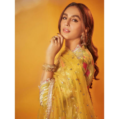 Gopi Vaid Huma Yellow Floral Anarkali Kurta with Palazzo and Dupatta