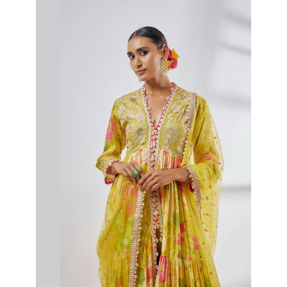 Gopi Vaid Huma Yellow Floral Anarkali Kurta with Palazzo and Dupatta