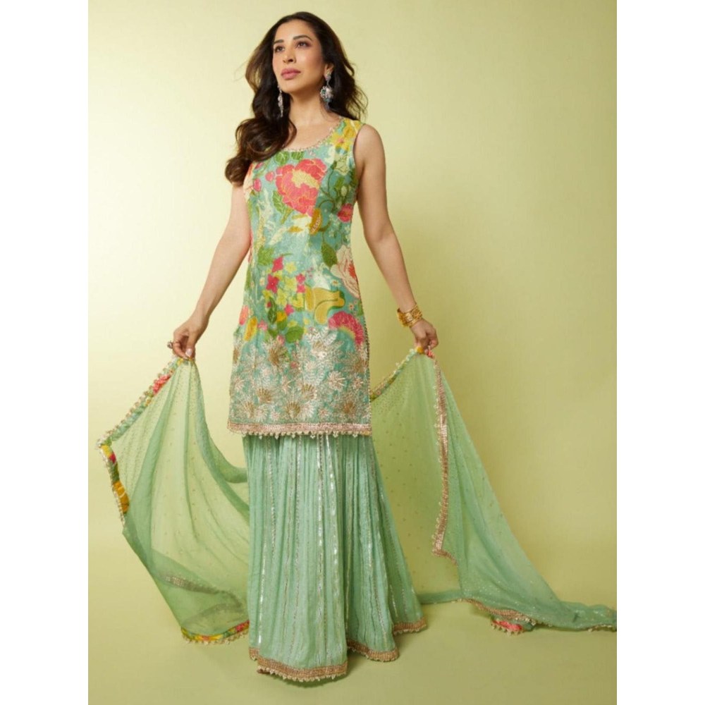 Gopi Vaid Sofina Green Floral Kurta with Sharara and Dupatta