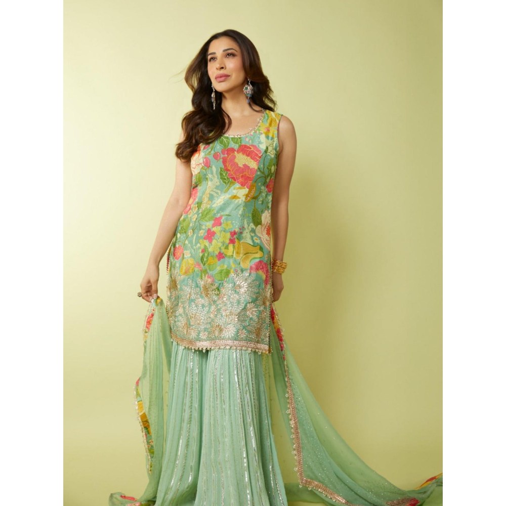 Gopi Vaid Sofina Green Floral Kurta with Sharara and Dupatta