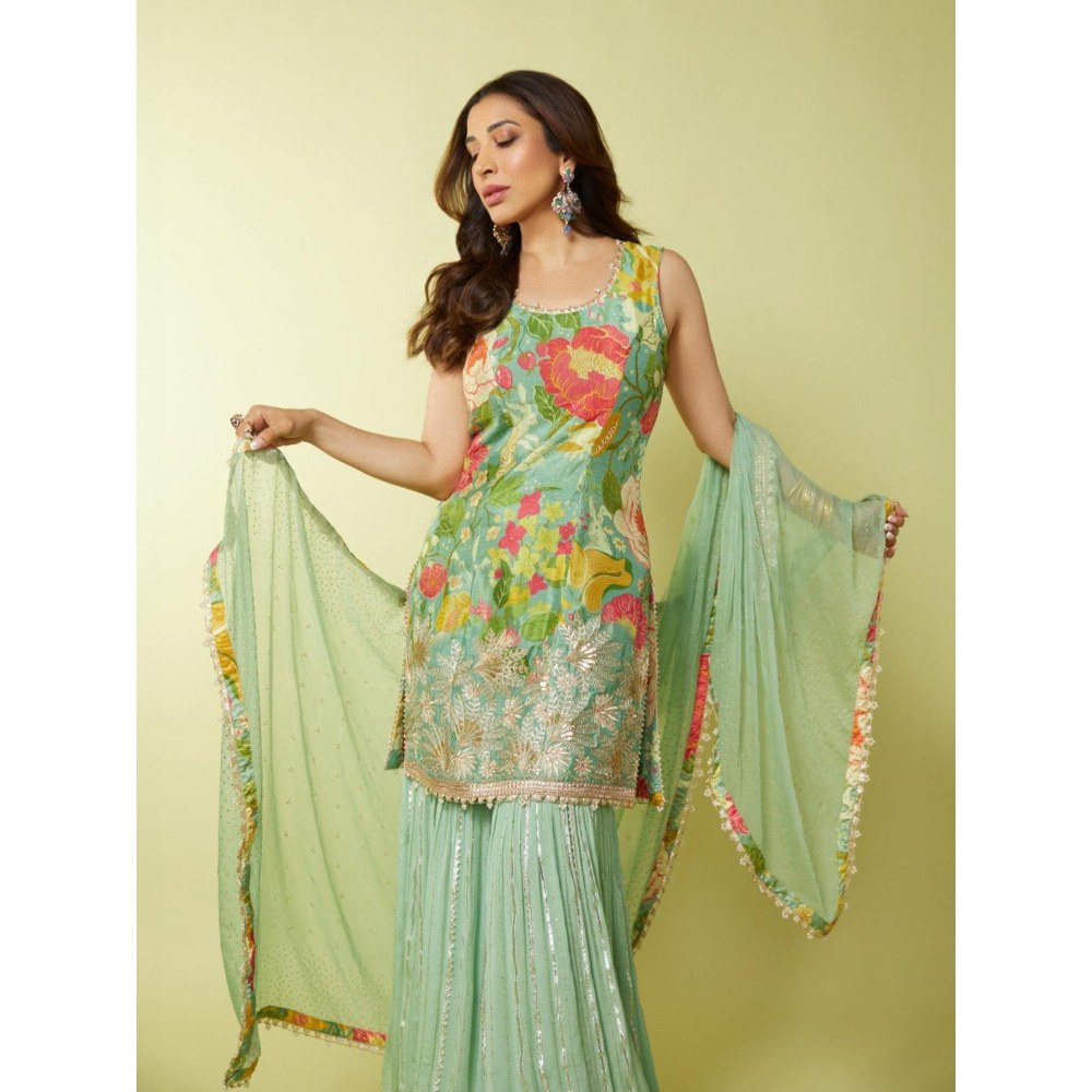 Gopi Vaid Sofina Green Floral Kurta with Sharara and Dupatta