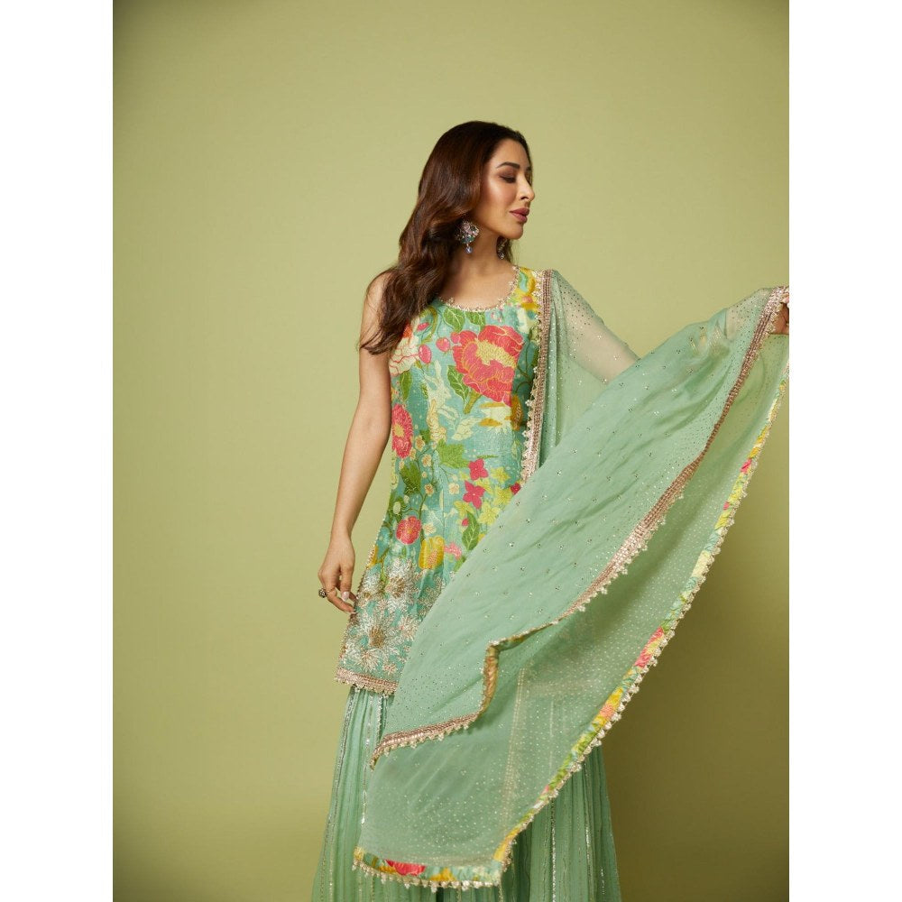 Gopi Vaid Sofina Green Floral Kurta with Sharara and Dupatta