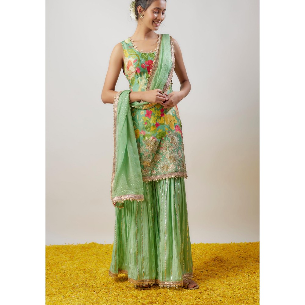 Gopi Vaid Sofina Green Floral Kurta with Sharara and Dupatta