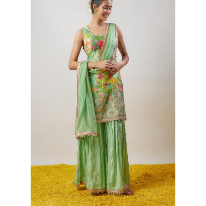 Gopi Vaid Sofina Green Floral Kurta with Sharara and Dupatta