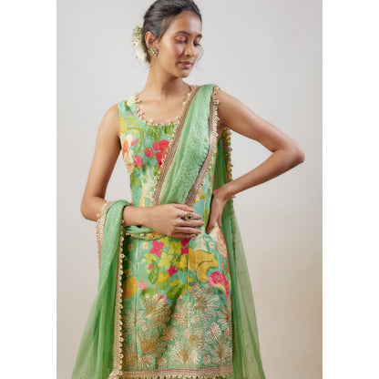 Gopi Vaid Sofina Green Floral Kurta with Sharara and Dupatta