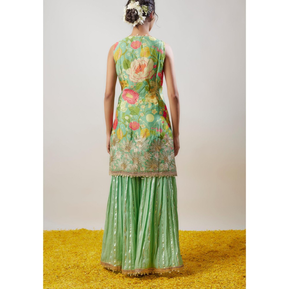 Gopi Vaid Sofina Green Floral Kurta with Sharara and Dupatta