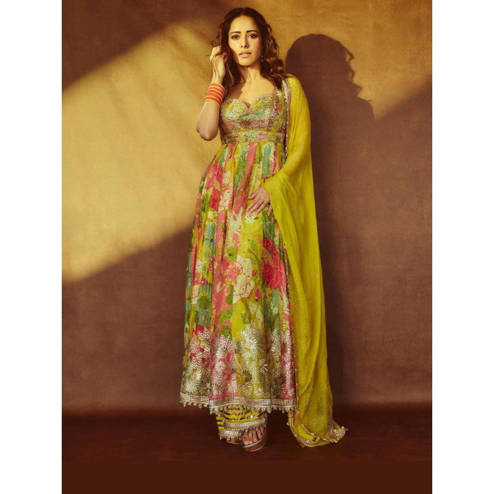 Gopi Vaid Nushrat Multi-Colour Floral Anarkali Kurta with Palazzo and Dupatta